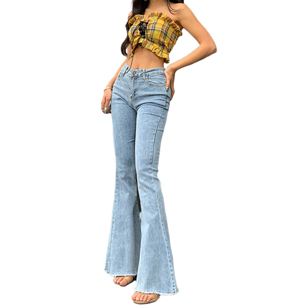 Women Flared Jeans, High Waisted Solid Color Denim Pants with Pockets