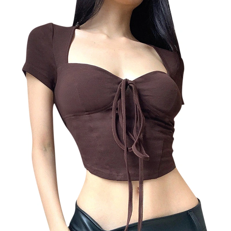 Women Short Sleeve Crop Tops Solid Color Tie-Up Backless T-Shirts