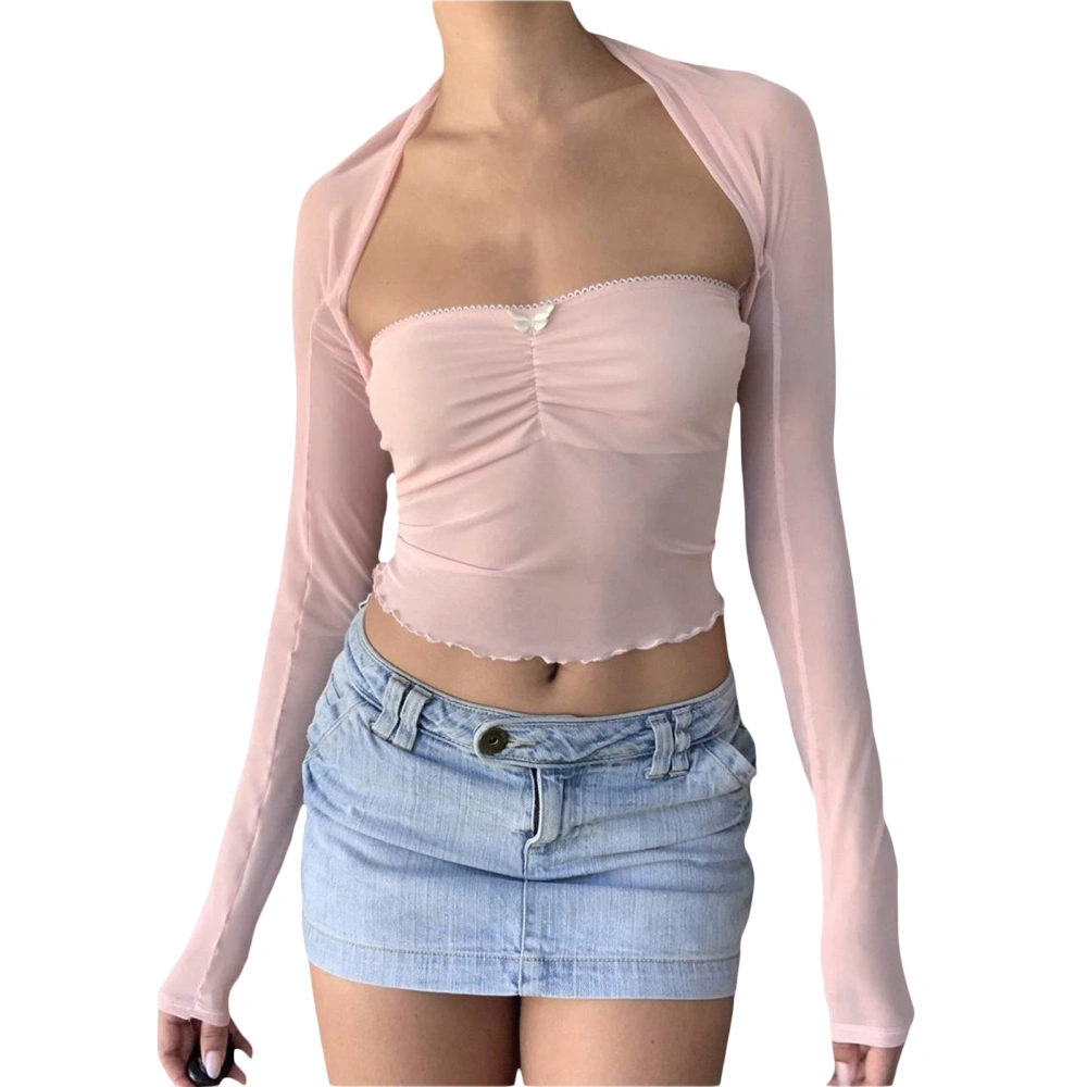 Women's Spring Long Sleeve Shrug Tops + Pink Off Shoulder Bandeau