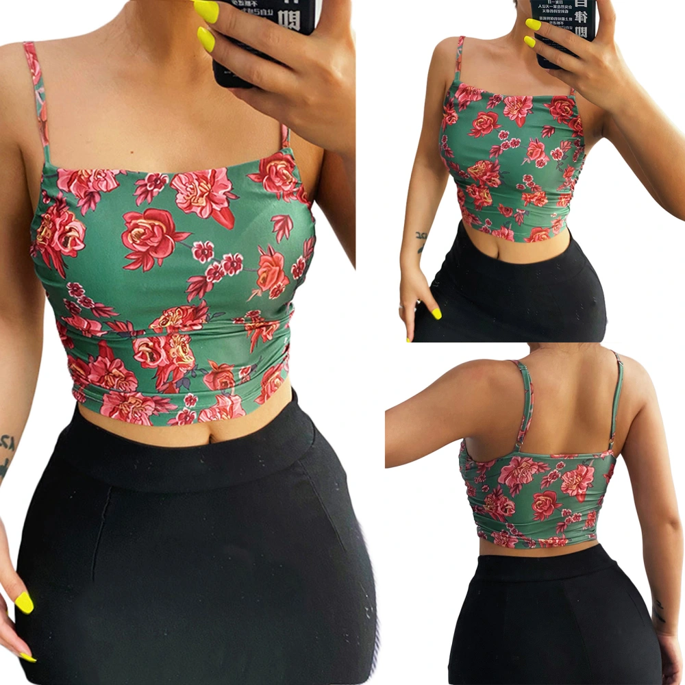 Women's Sexy Spaghetti Strap Floral Print Ruched Crop Cami Tops