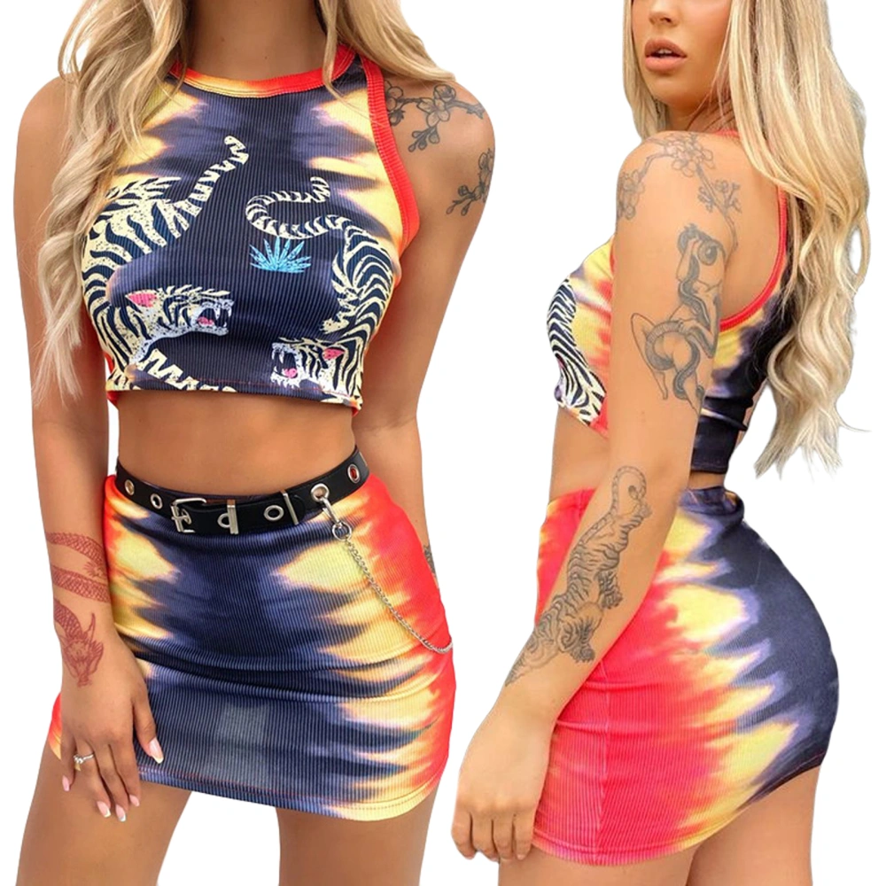 Women’s Tiger Pattern Cropped Vest and Gradient Color Short Skirt