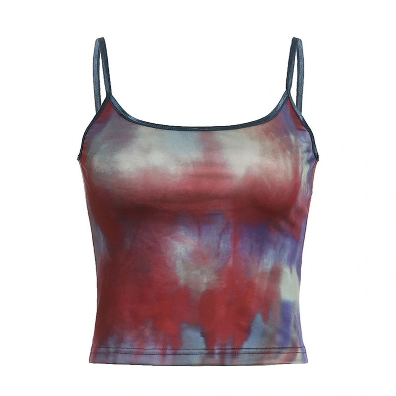 Women Crop Camisole Tie-Dye Print Shirt Spaghetti Strap Tank Tops 