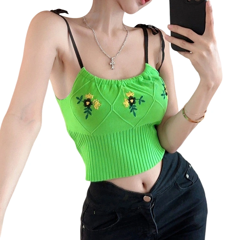 Women's Knit Crop Tops Tie Shoulder Strap Floral Embroidery Camisole