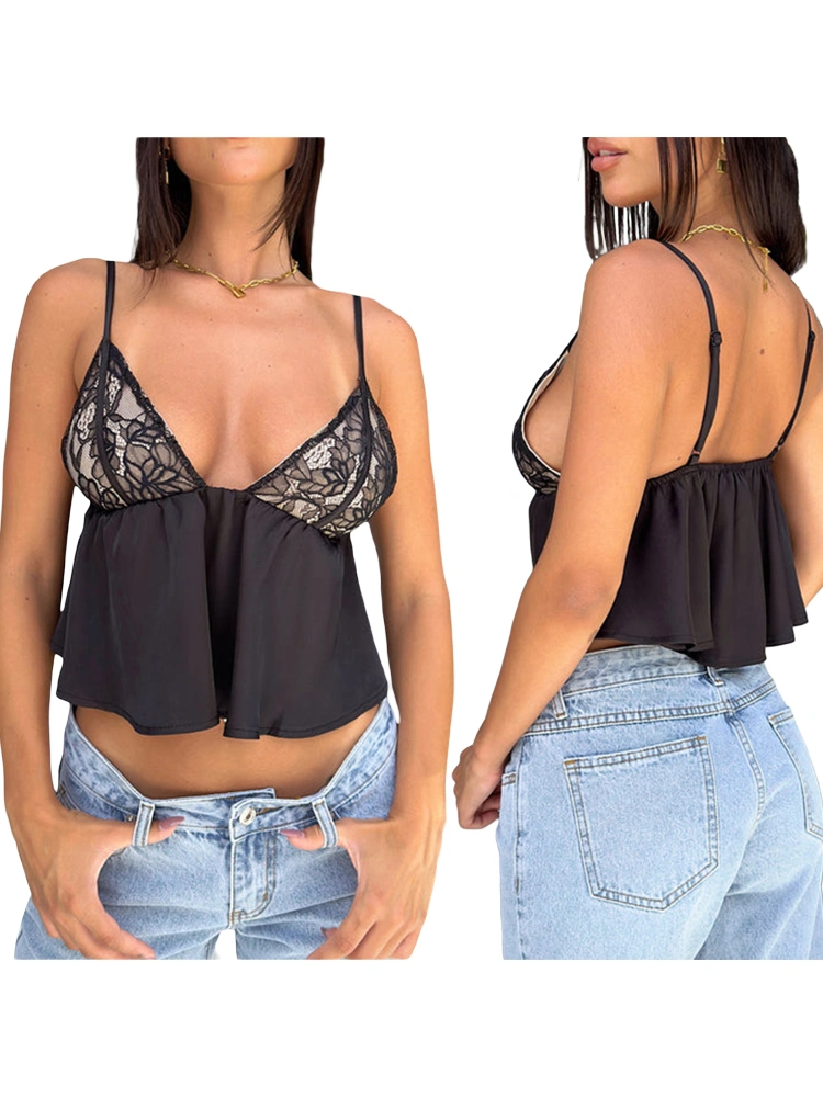 Women Basic Floral Lace Camisole Summer Backless Sleeveless Crop Tops