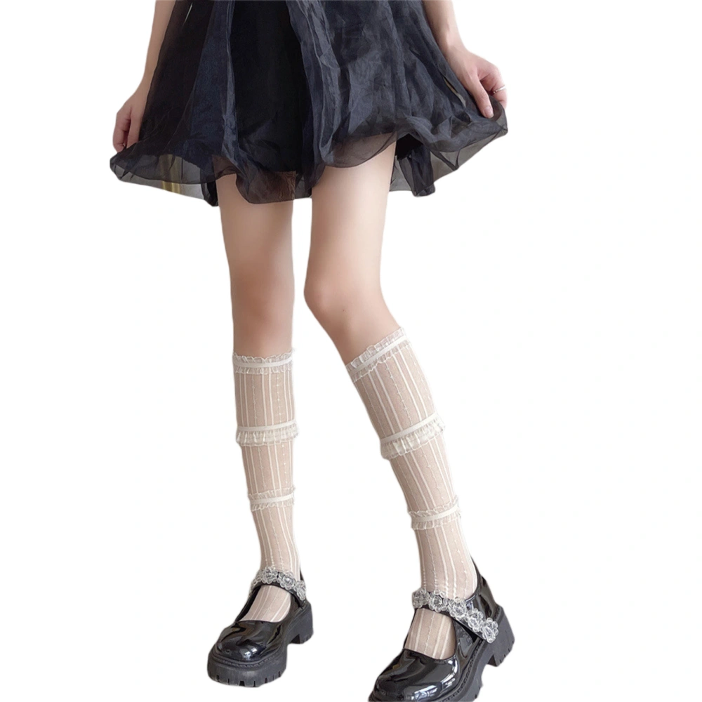 Women Sheer Mesh Socks, Lolita Style 3 Layer Lace Knee High Socks