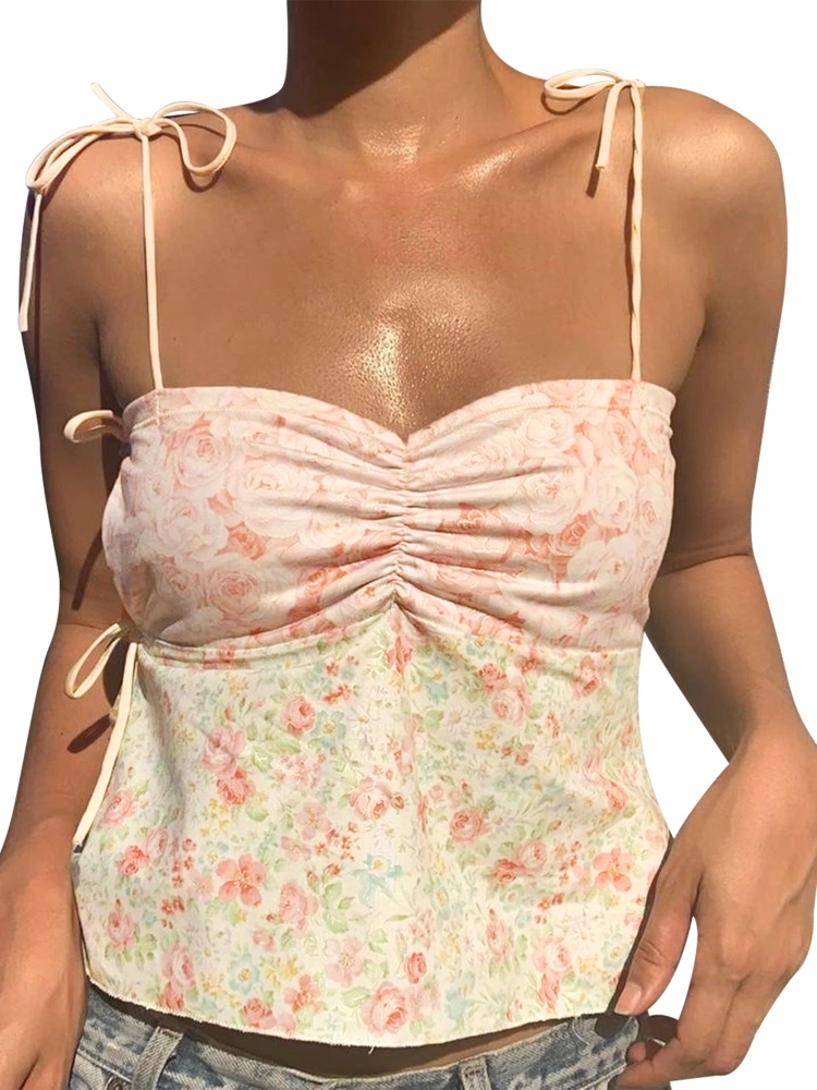 Women Camisole, Tie-up Sleeveless Backless Flower Print Summer Tops