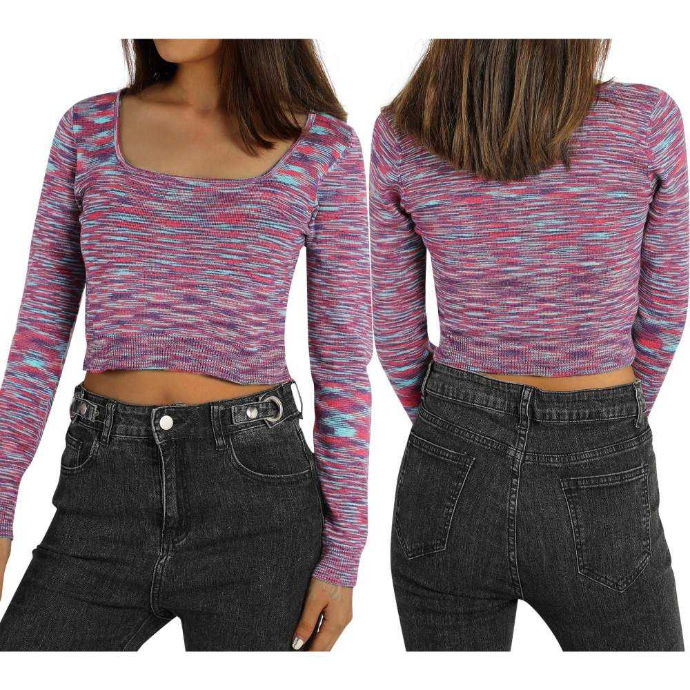 Women’s Colorful Stripe Square Collar Exposed Navel Long Sleeve Tops