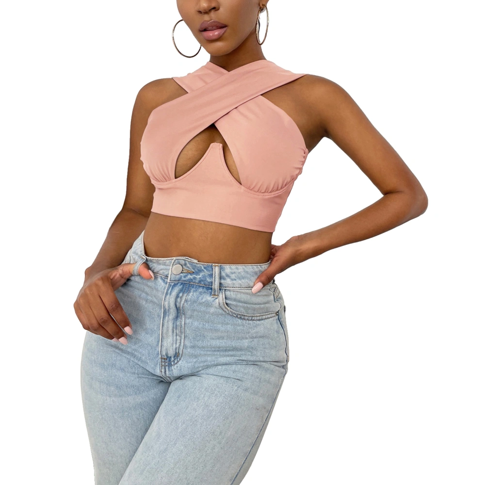 Cross Wrap Crop Tops, Sleeveless Solid Color Cutout Tank Tops