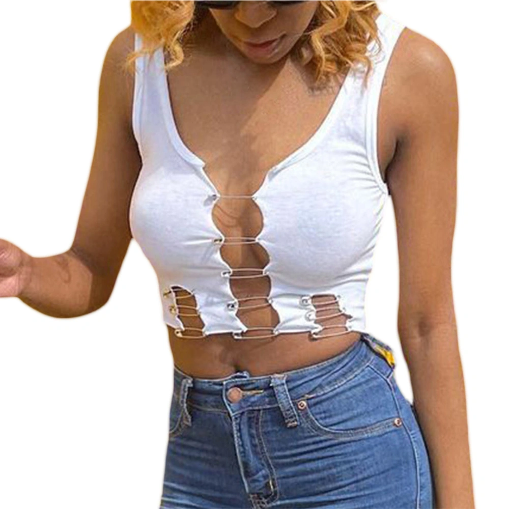 Women Sleeveless Crop Tops, Open Front Tank Tops with Safety Pin Decor