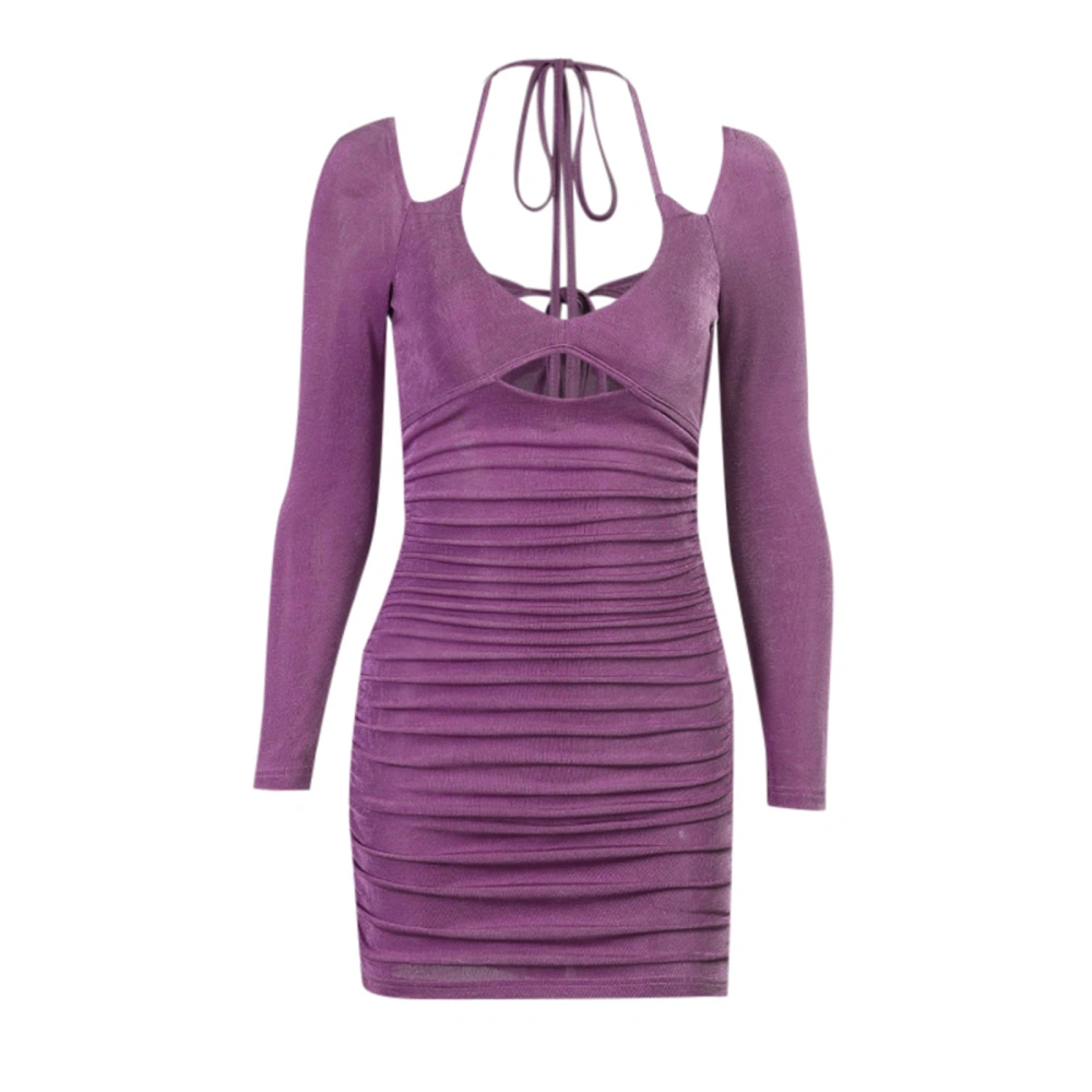 Cutout Halter Dress, Ruched Tie-up Solid Color Long Sleeve One-piece