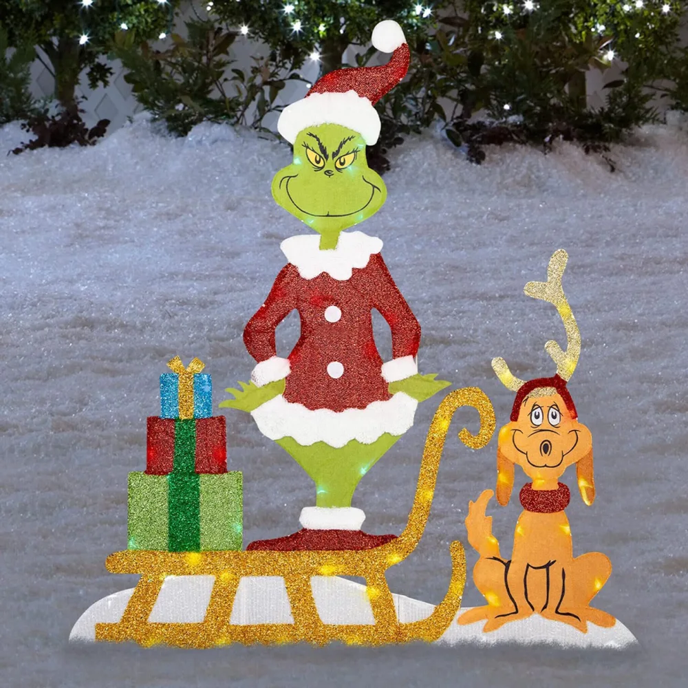 Grinch Christmas Lighting Yard Sign,Grinch Lighting Acrylic Christmas Decorations LED Lights Outdoor Yard Decoration,D