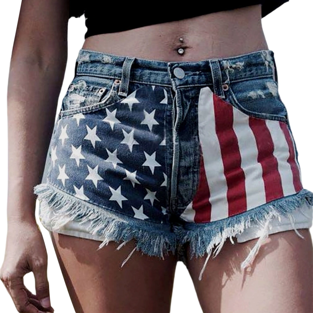 Women Mid Rise American Flag Print Frayed Raw Hem Ripped Short Jeans