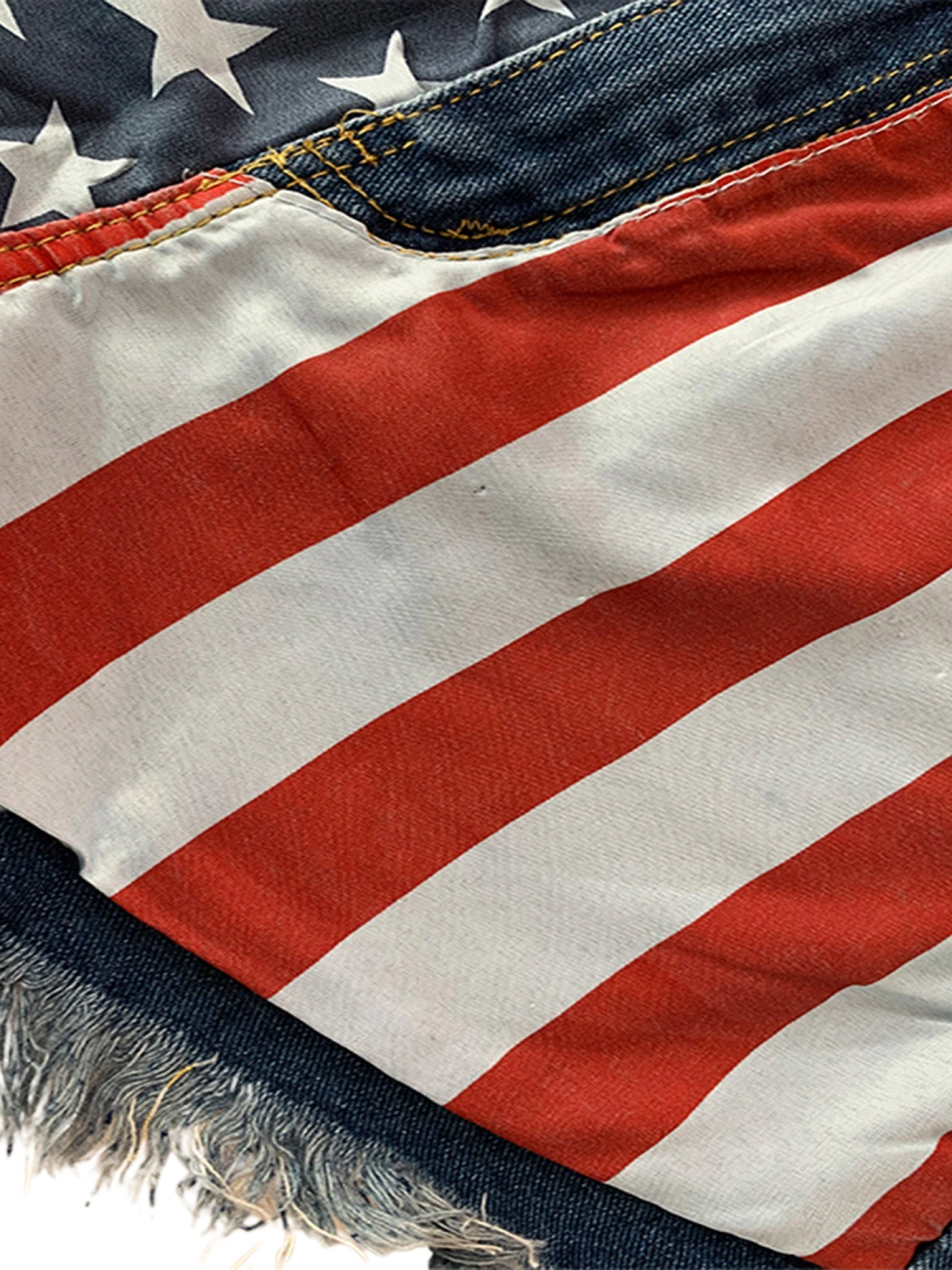 Women Mid Rise American Flag Print Frayed Raw Hem Ripped Short Jeans