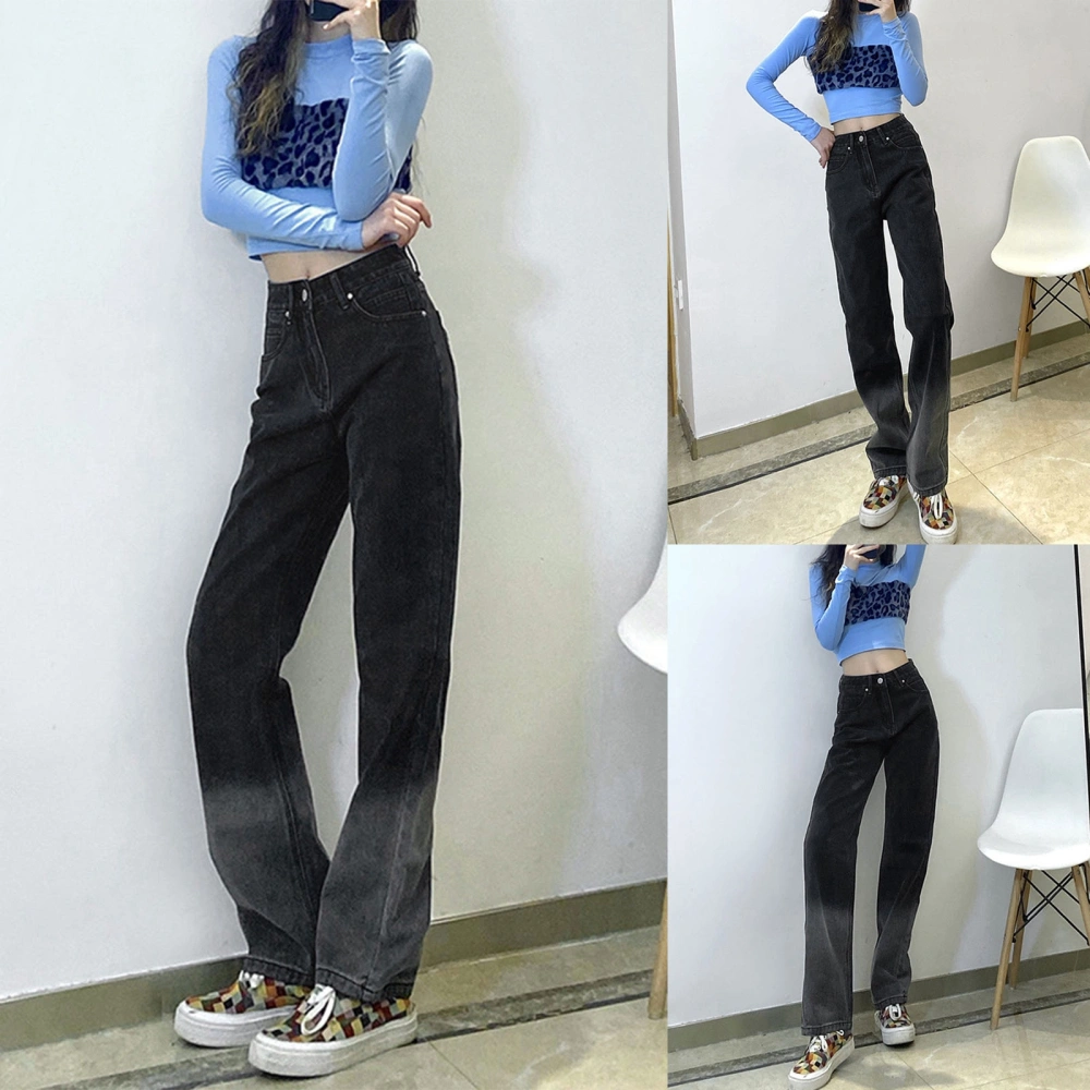 Women High Waist Gradient Print Heart Patchwork Wide Leg Denim Pants