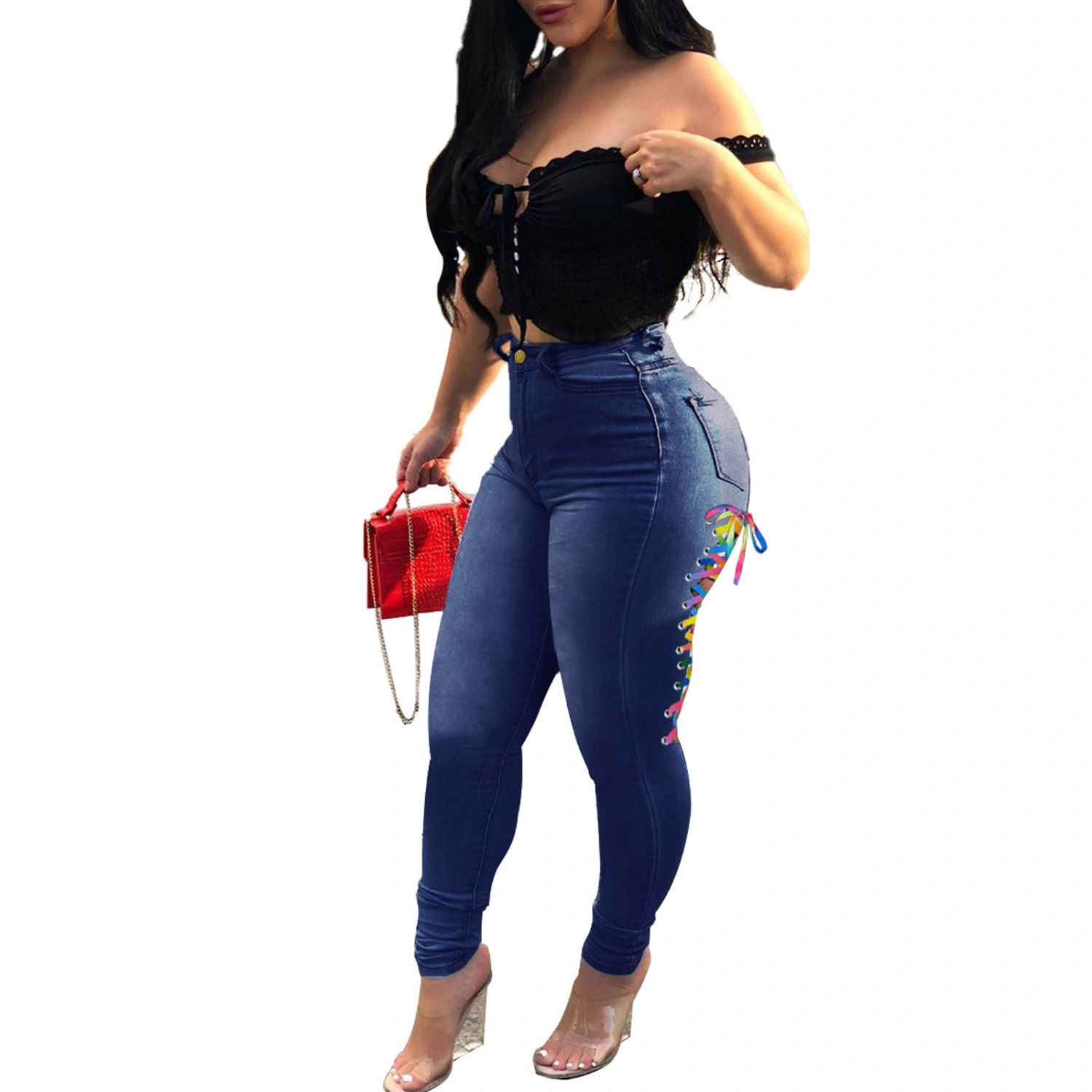 Women Denim Trousers Jeans High Waist Pocket Bandage Streetwear