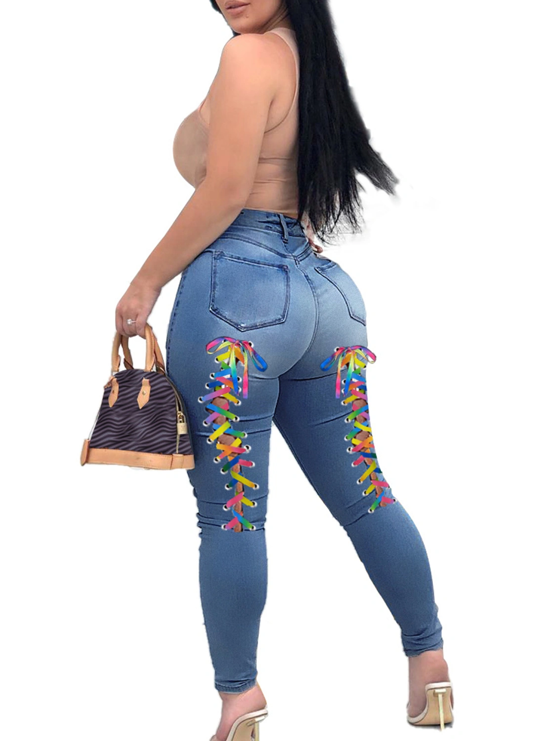 Women Denim Trousers Jeans High Waist Pocket Bandage Streetwear