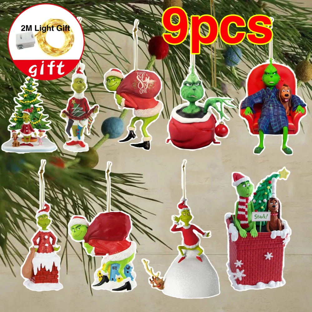 9Pcs Christmas Resin Pendant The G-rinch Stole Christmas Tree Decoration Christmas! Grinch with Present Christmas Ornament