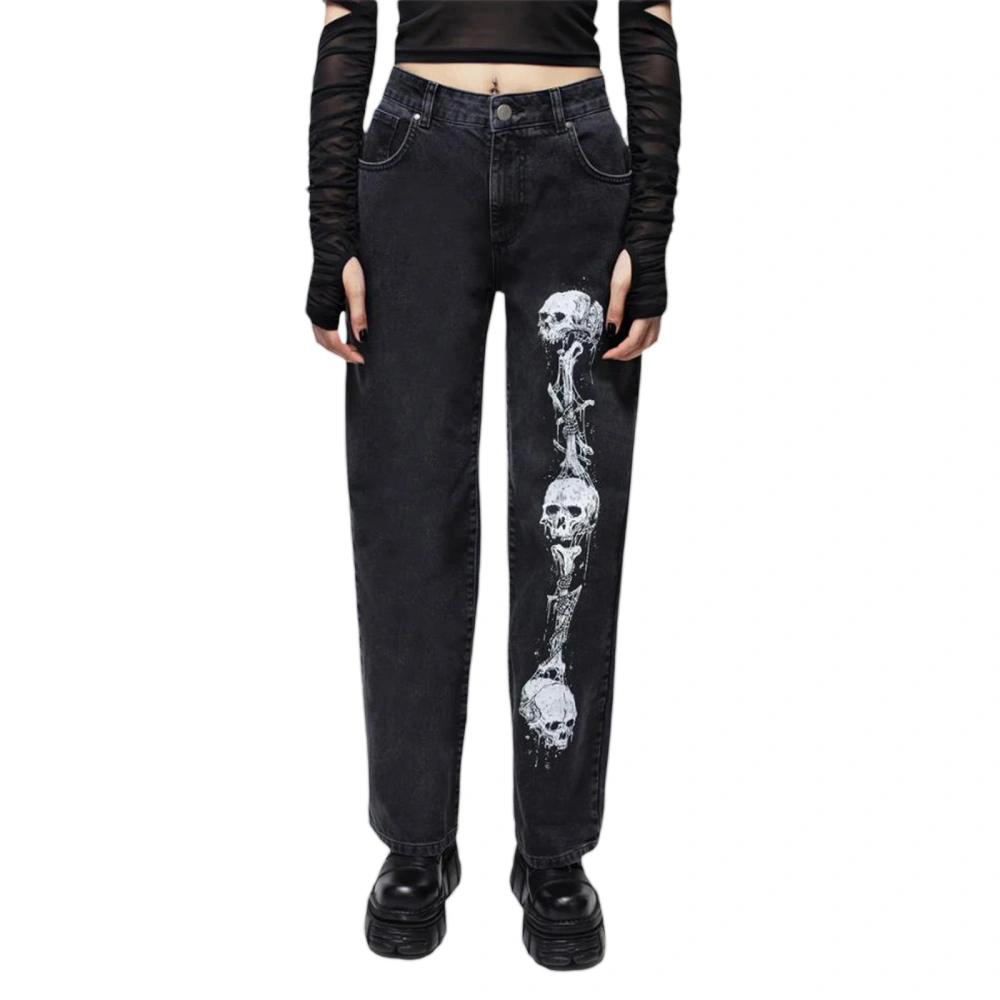 Women Jeans, High Waist Skull Straight Pants Trousers with Pockets