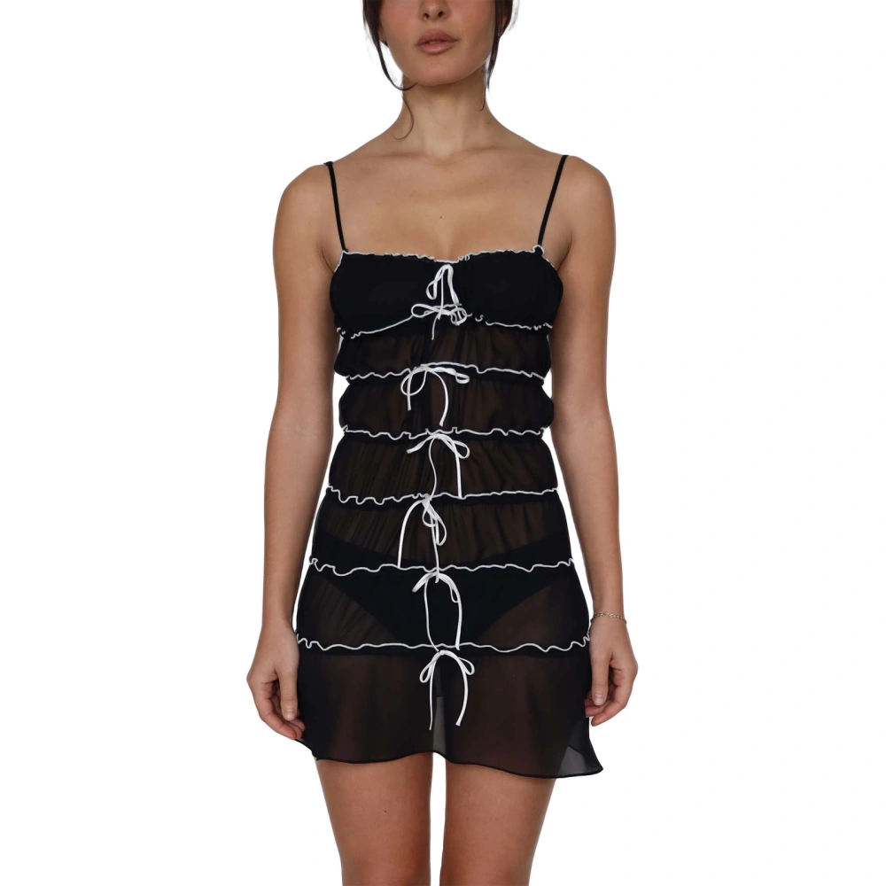 Women Sling Dress, Sleeveless Lacing Pleated See-through Mini Dress