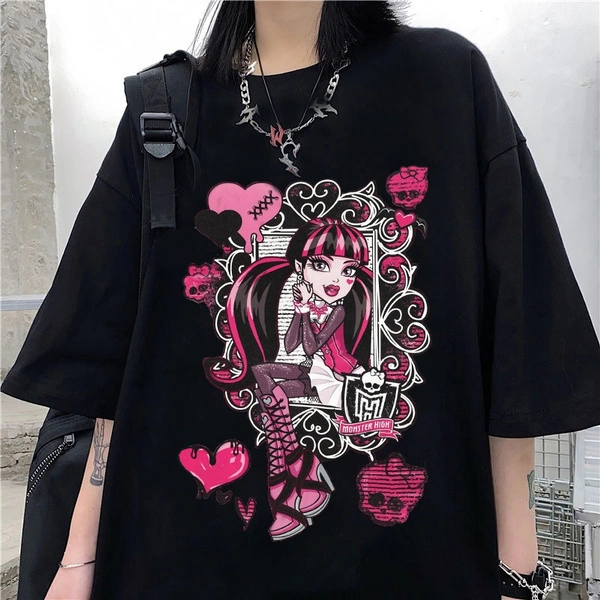 2021 Harajuku Cartoon Gothic Print Short Sleeve Retro T-shirt Women Tops Summer Streetwear O-neck Sweet Girls Tee Shirt