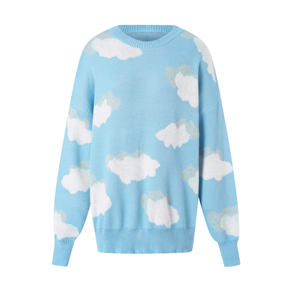 Color Block Sweater, Cloud Print Long Sleeve Round Neck Knit Pullover