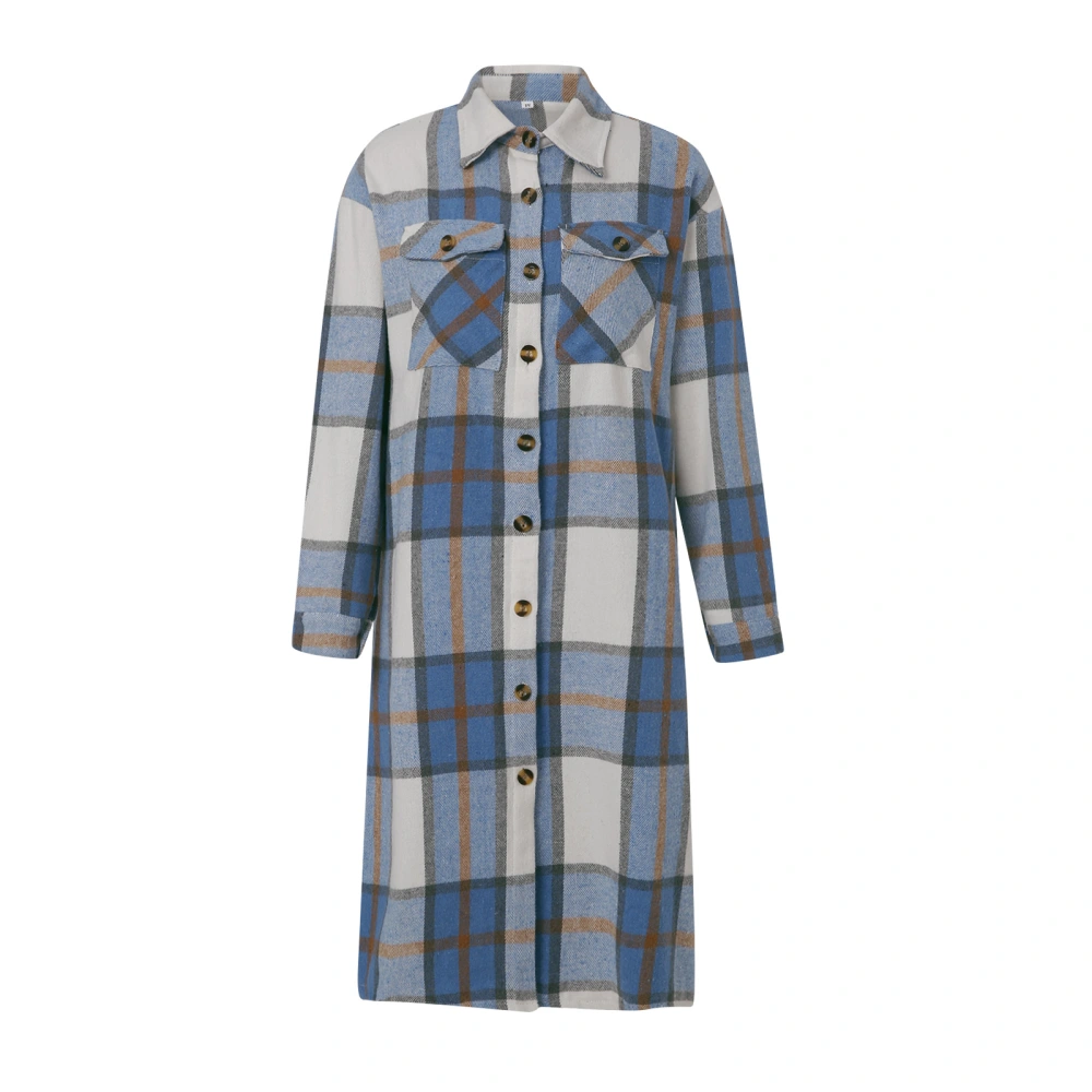 Women Casual Plaid Coat, Long Sleeve Lapel Outerwear with Pockets