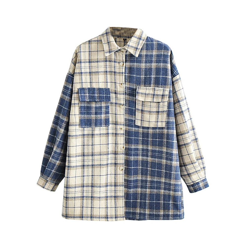 Female Plaid Turn-Down Collar Long Sleeve Shirt with Chest Pockets