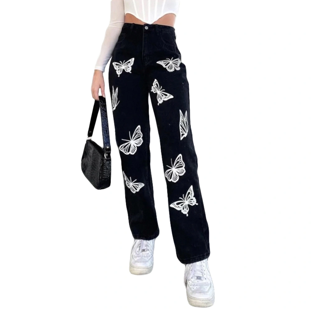 Women Fashion High Waist Butterfly Print Jeans Stylish Pants