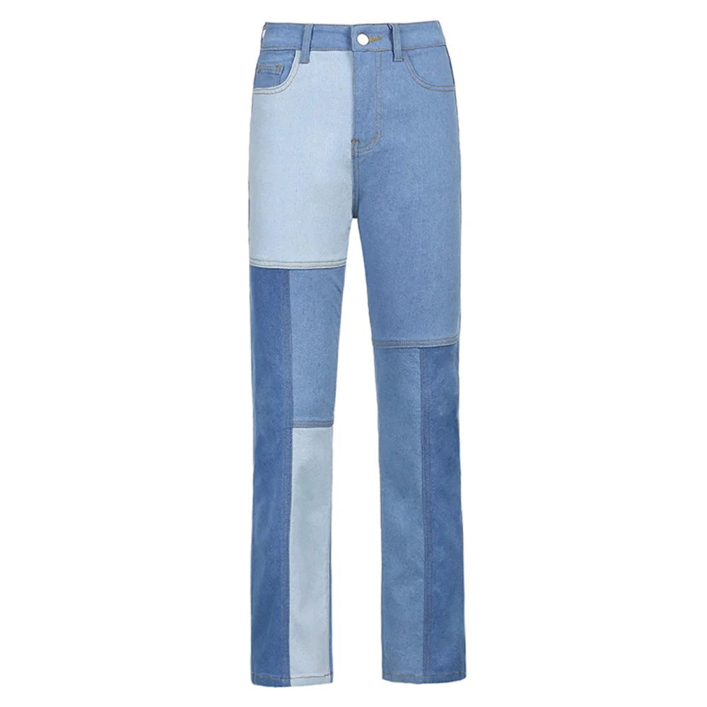 Women Straight Leg Jeans High Waist Color Block Patchwork Loose Denim Pants