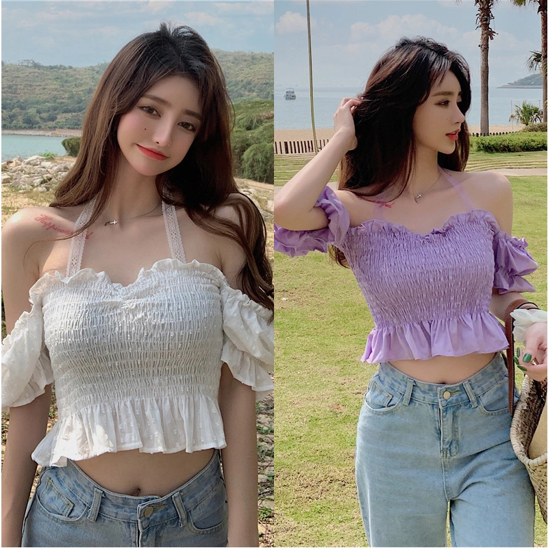 Women Short Puff Sleeve Off Shoulder Smocked Halter Crop Tops