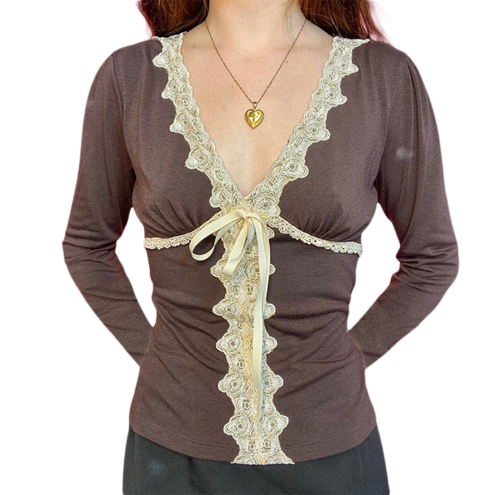 Women Shirt Long Sleeve Lace Drawstring Tops Casual Brown Blouse 