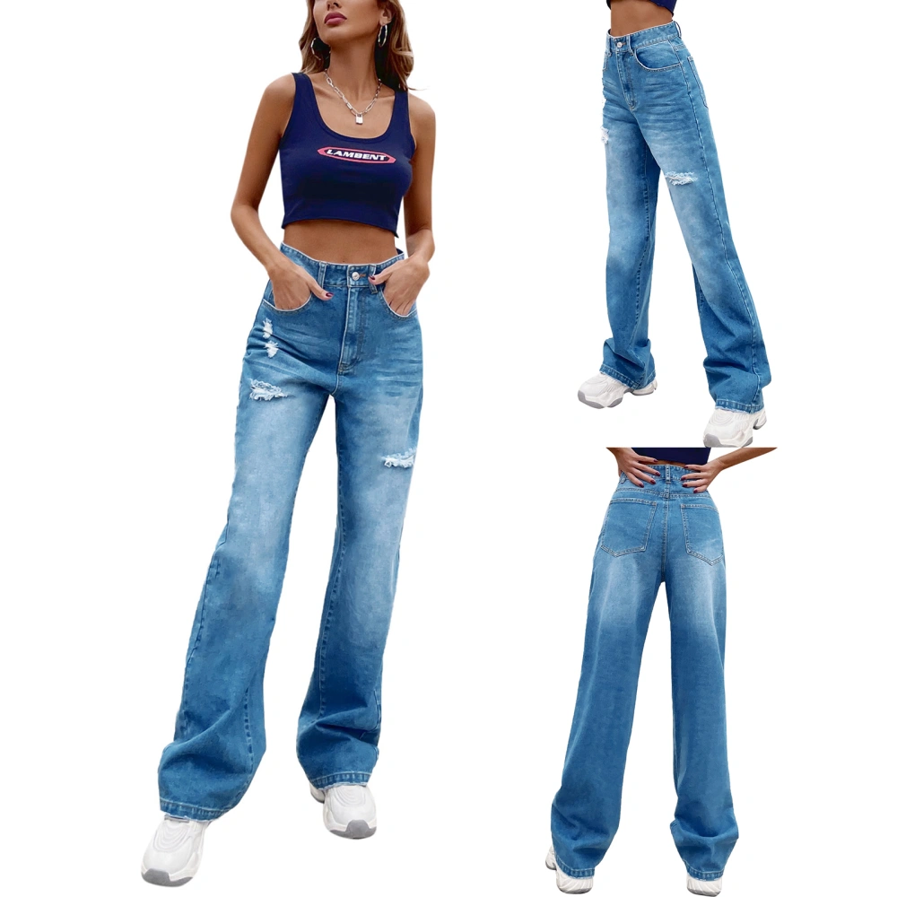 Casual Straight Jeans, Solid Color High Waisted Ripped Trousers with Pockets