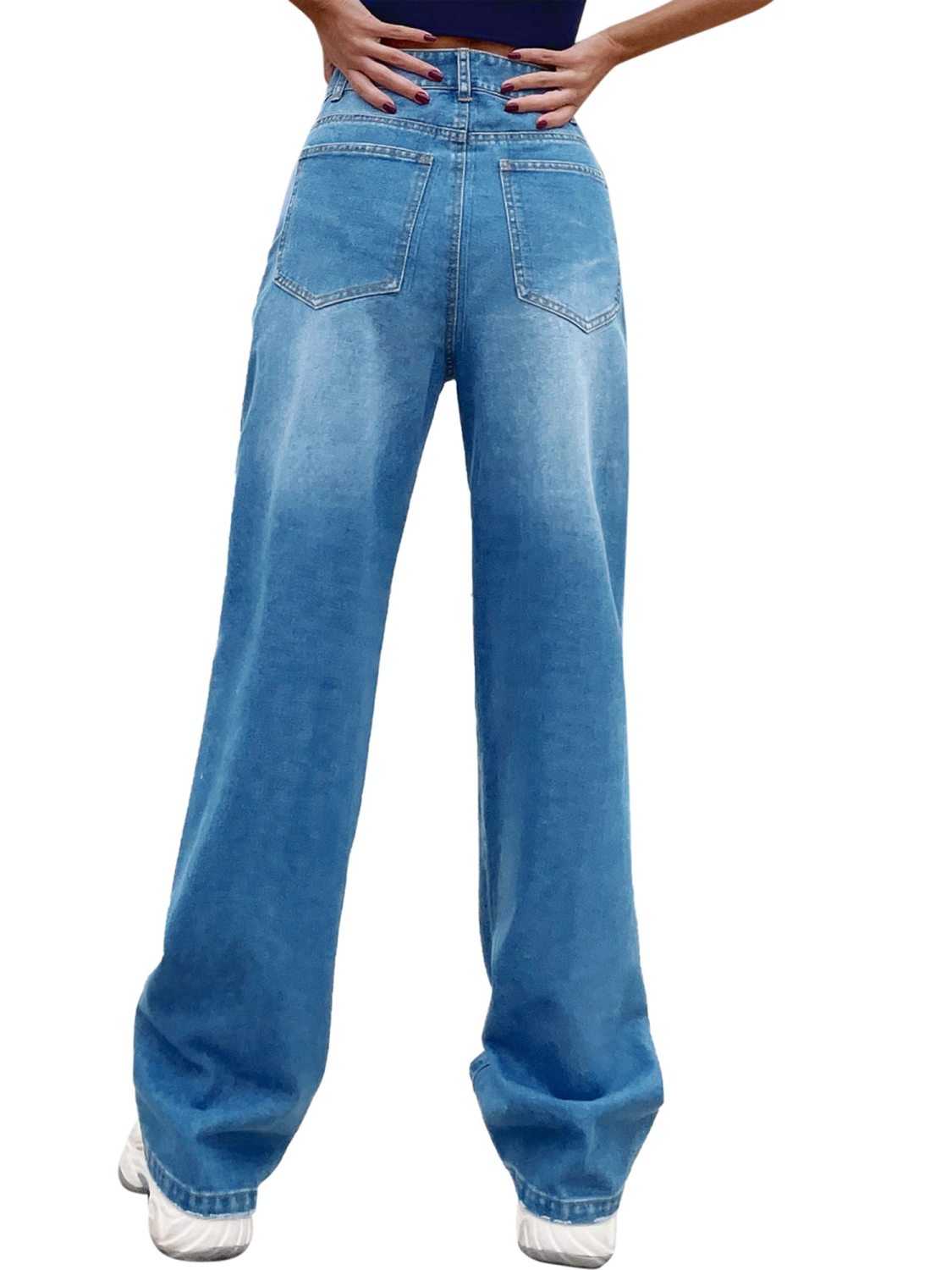 Casual Straight Jeans, Solid Color High Waisted Ripped Trousers with Pockets