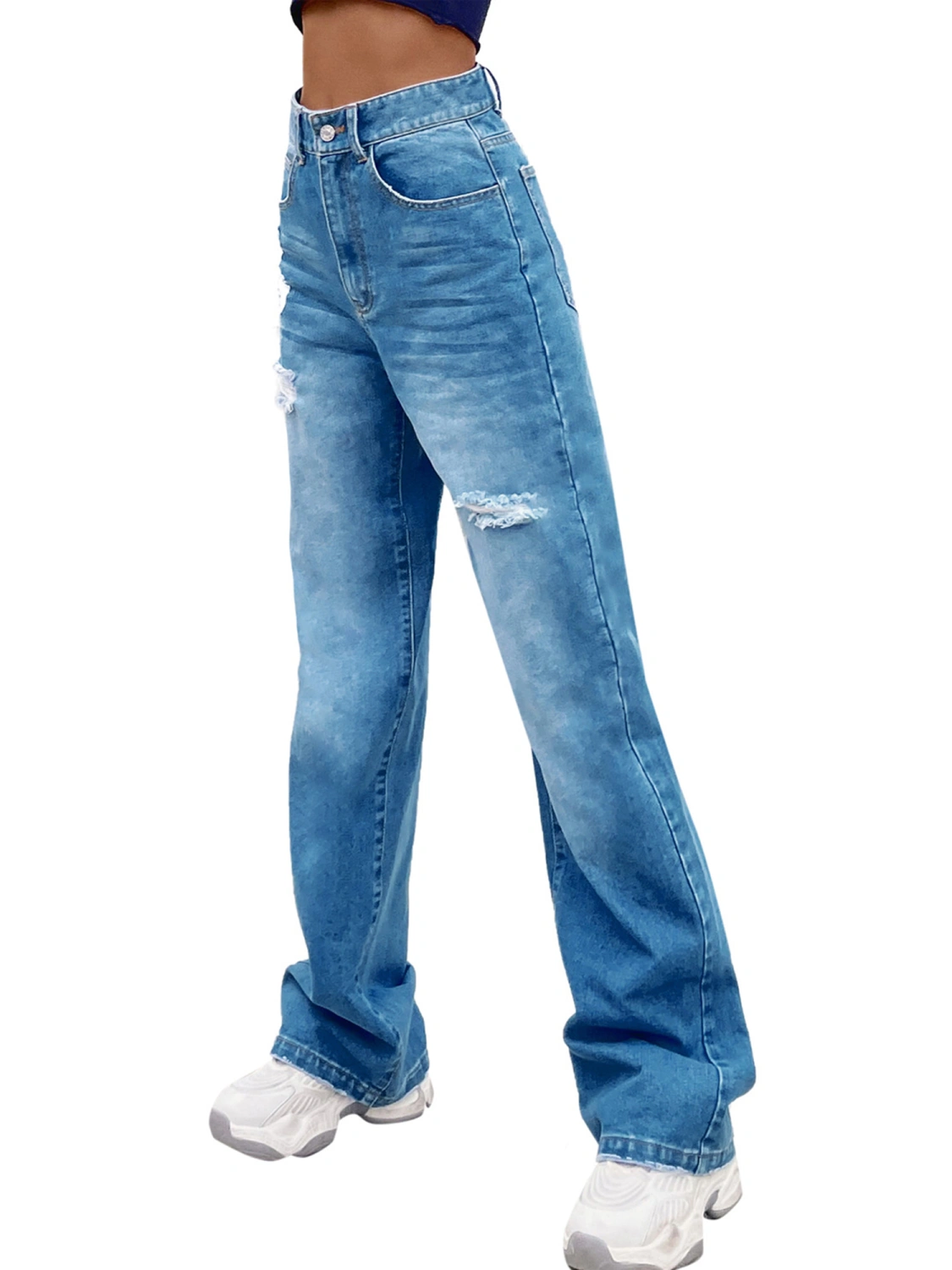 Casual Straight Jeans, Solid Color High Waisted Ripped Trousers with Pockets