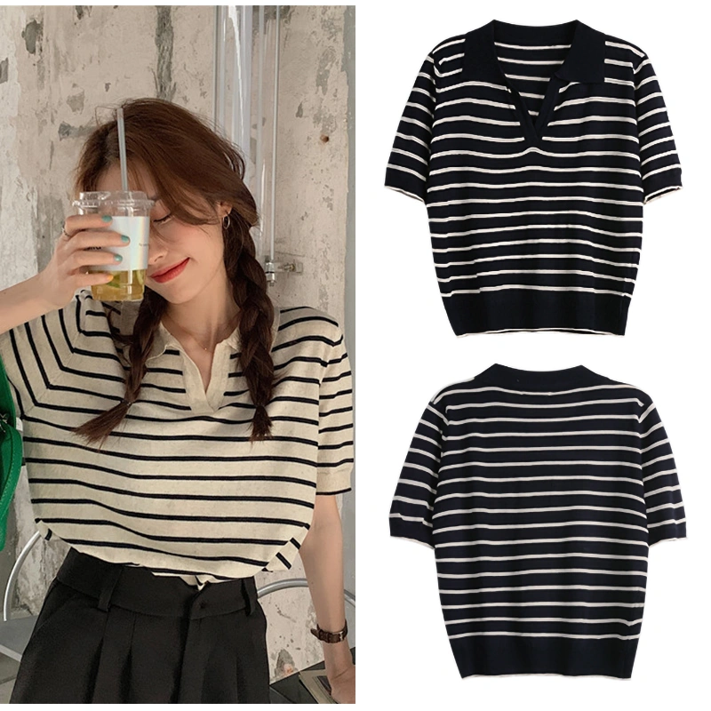 Women's Striped Print T-Shirts, Lapel V Neck Short Sleeve Polo Shirts