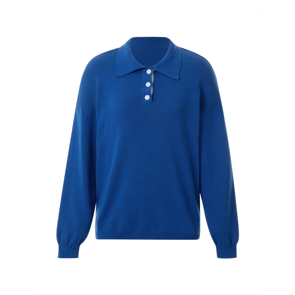 Women Knitted Polo Shirt, Variegated Color Long Sleeve Pullover