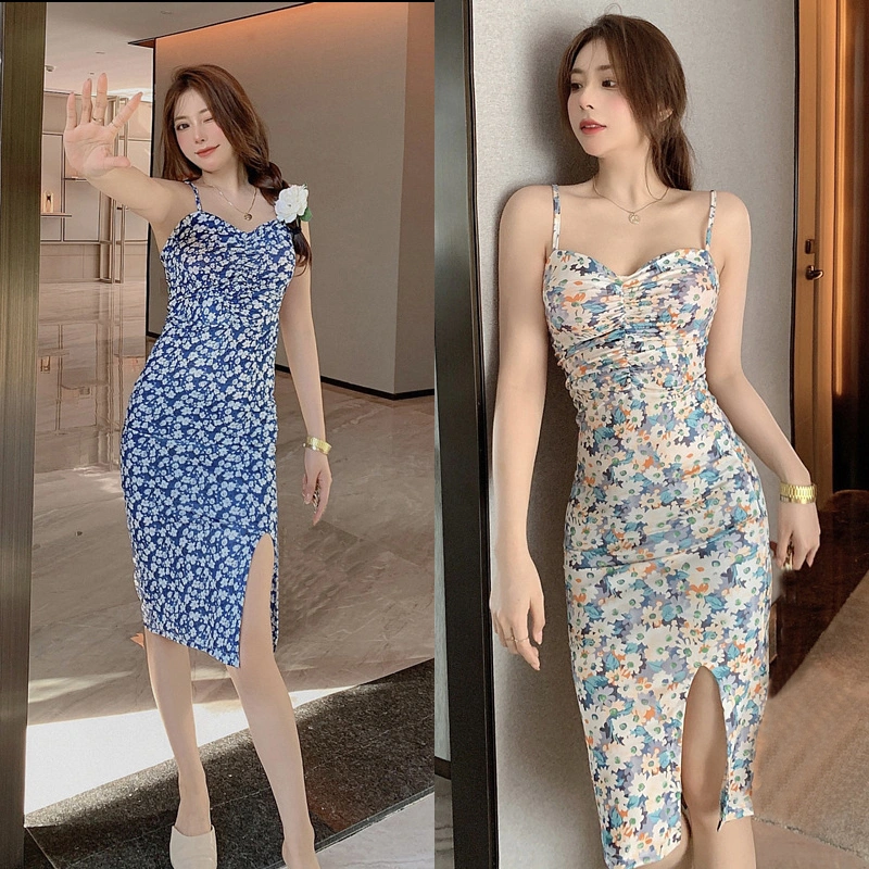 Women Close-fitting Slit Dress, Floral Printing V-neck One-piece