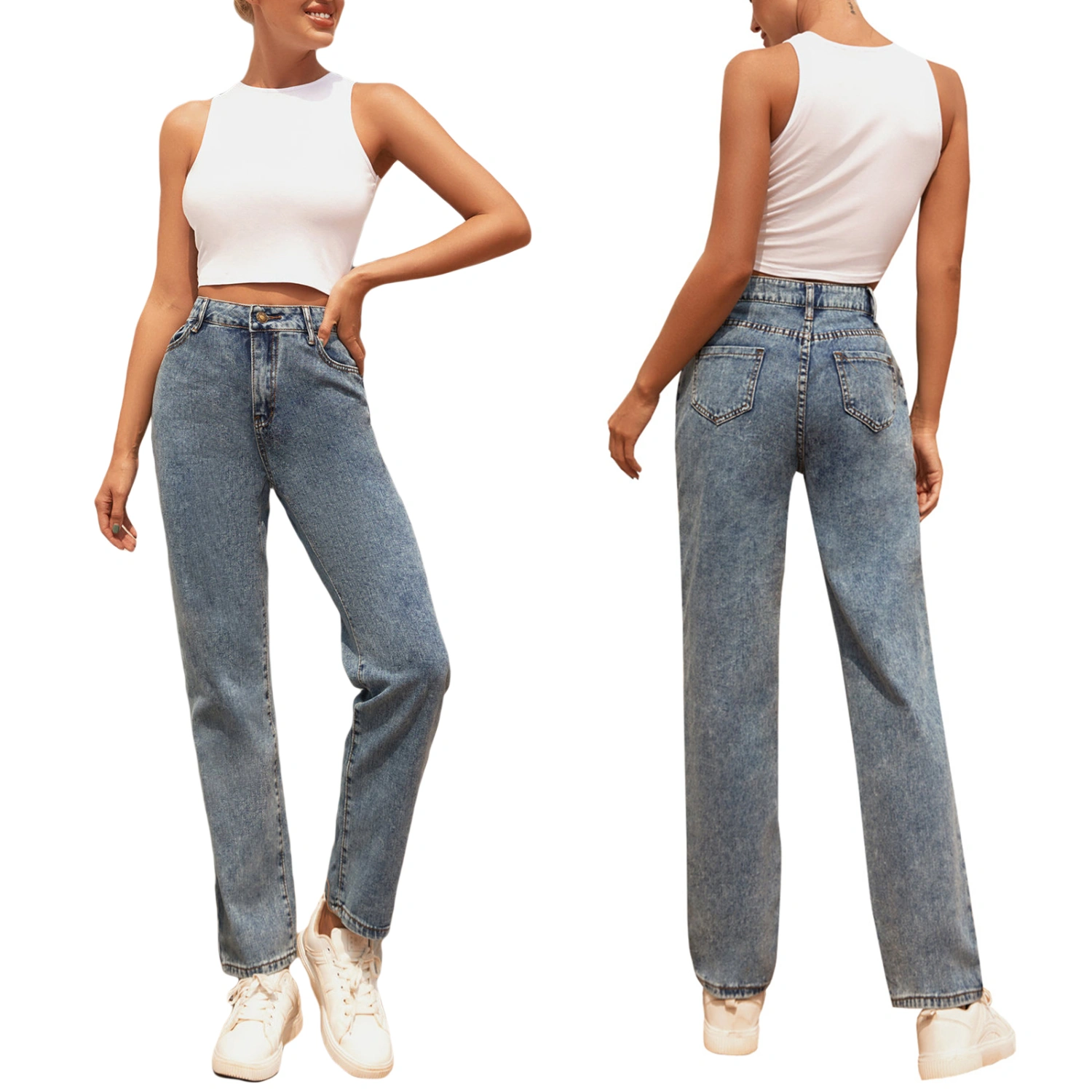 Female Jeans, Girls High Waist Trousers Close-Fitting Pants Long Pants