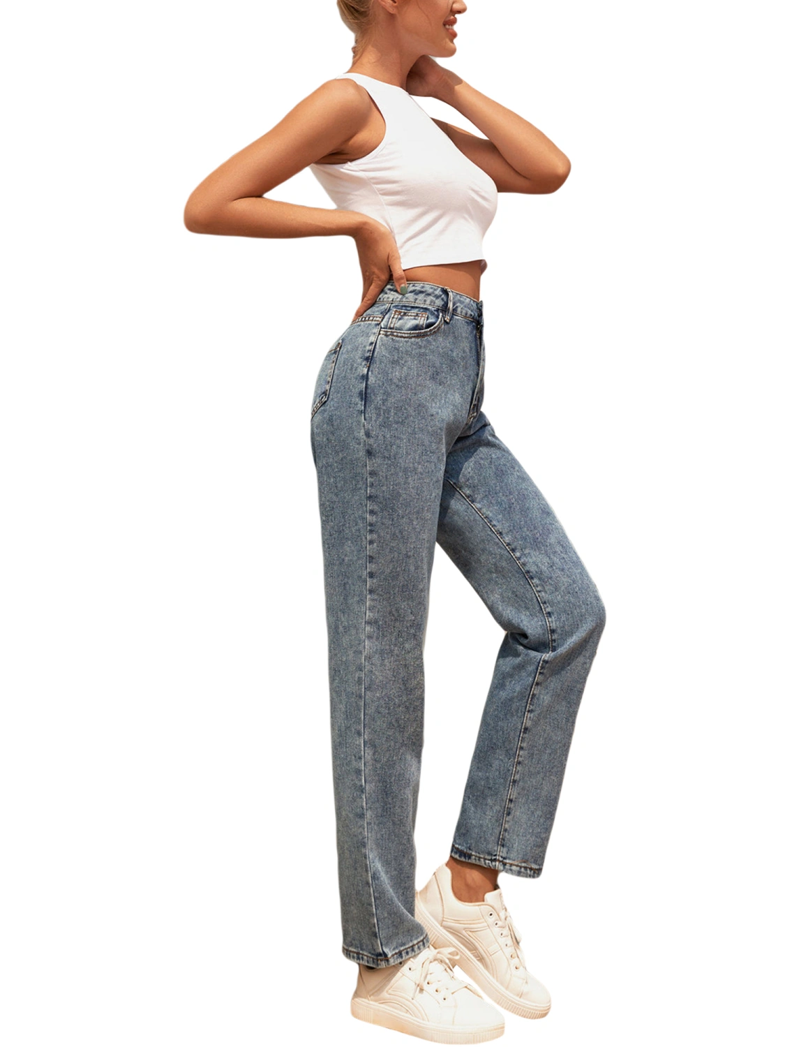 Female Jeans, Girls High Waist Trousers Close-Fitting Pants Long Pants