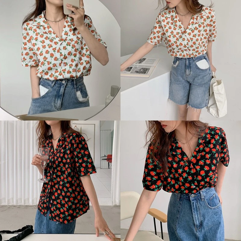 Women Floral Print Shirt, Summer Button Down Short Sleeve Lapel Blouse