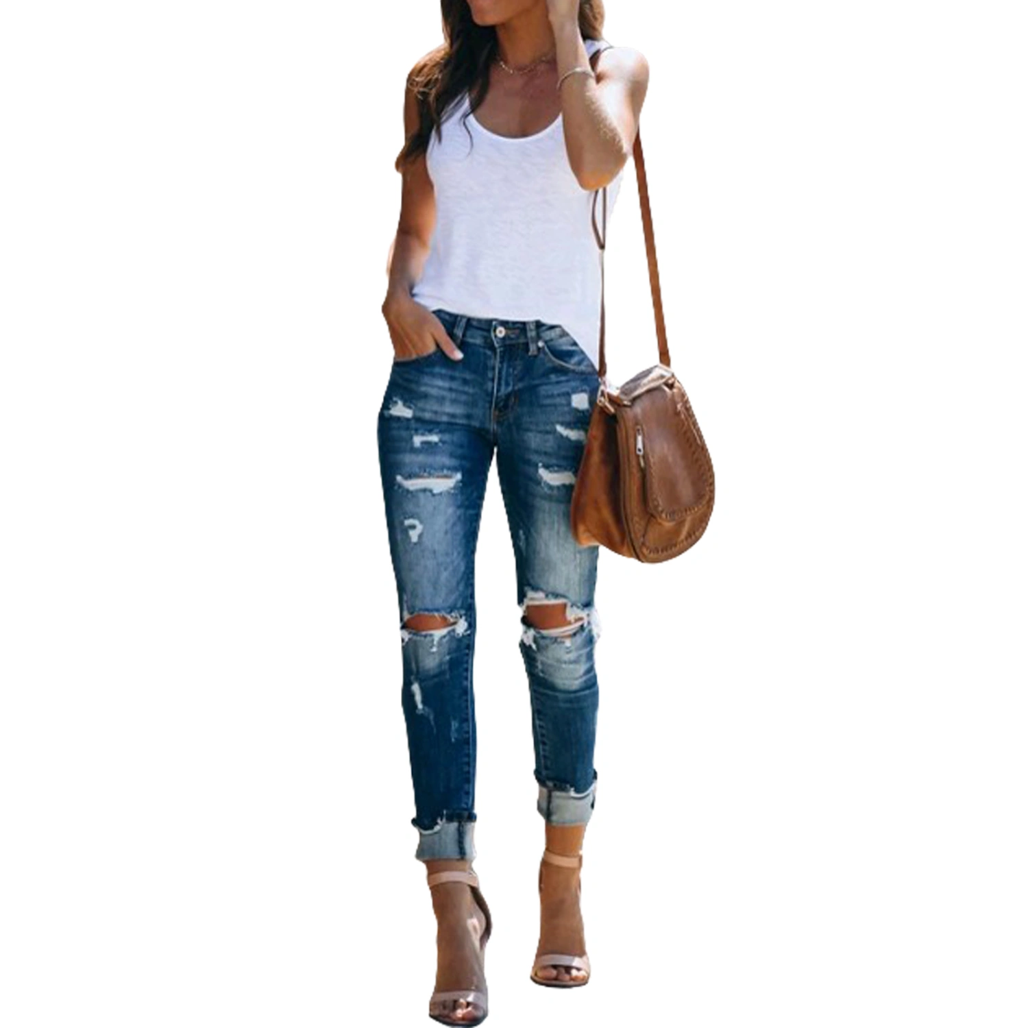 Women Casual Jeans, Dark Blue High Waist Close-fitting Trousers