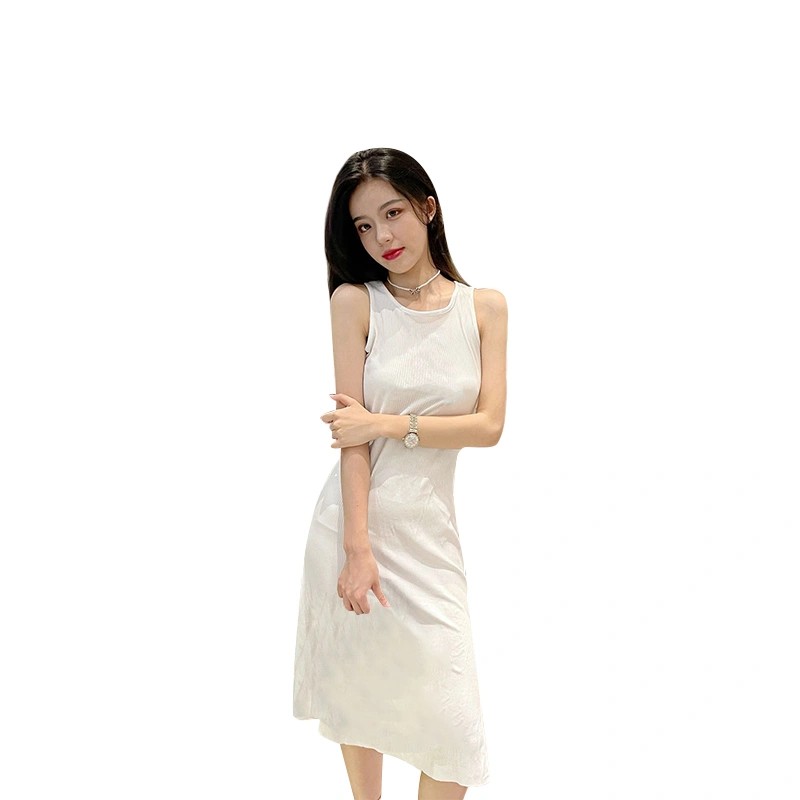 Women Summer Basic Dress, Sleeveless Solid Color Round Neck Skirt