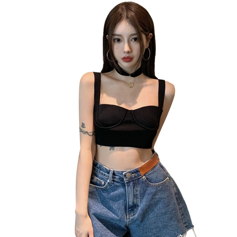 Women Crop Tank Tops, Solid Color Knitted Suspender Short Vest