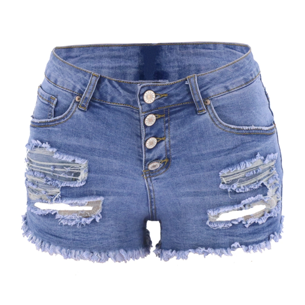 Women’s Washed Distressed Solid Color Ripped High-waist Denim Shorts