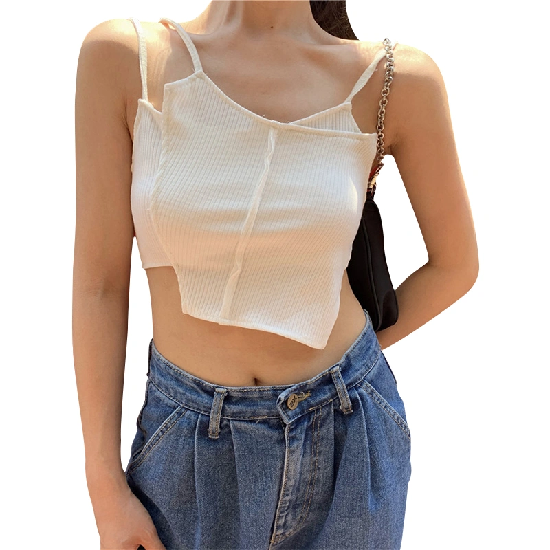 Women Spaghetti Strap Solid Color Irregular Hem Knit Crop Cami Tops