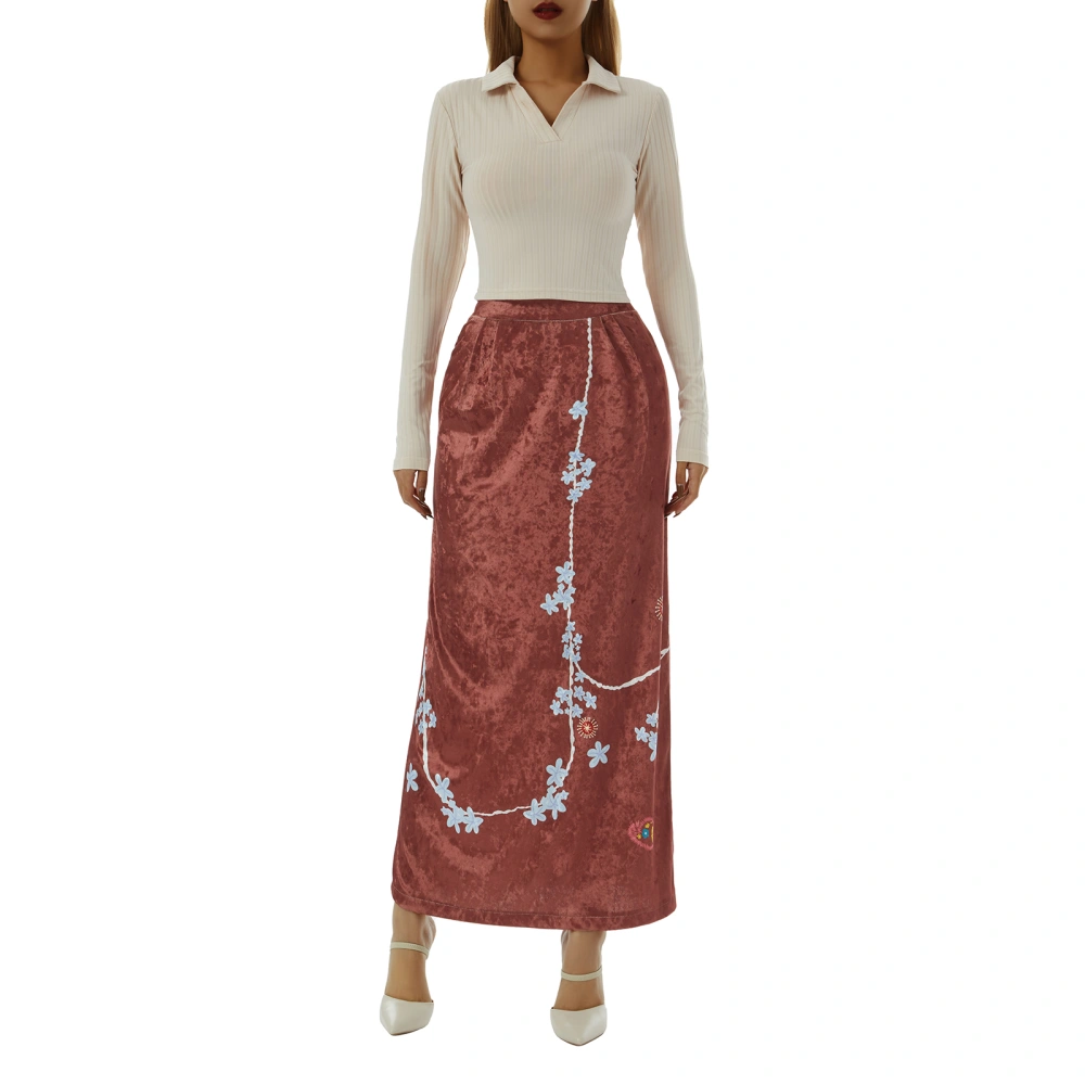 Women Retro Half Dress Straight Loose Fall Spring Long Skirt, Coffee