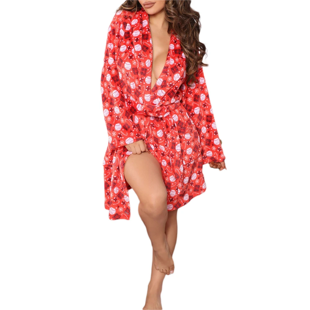 Women Christmas Printed Pattern Nightgowns, Long Sleeve Robe