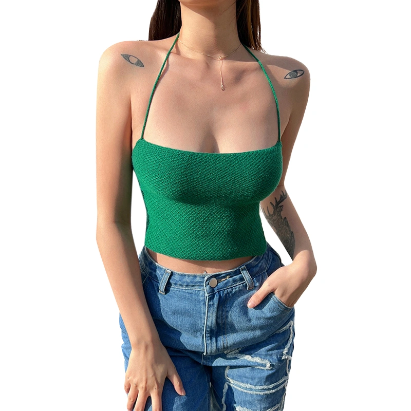 Women Summer Knitted Tank Tops Solid Color Back Tie-Up Halter Vest