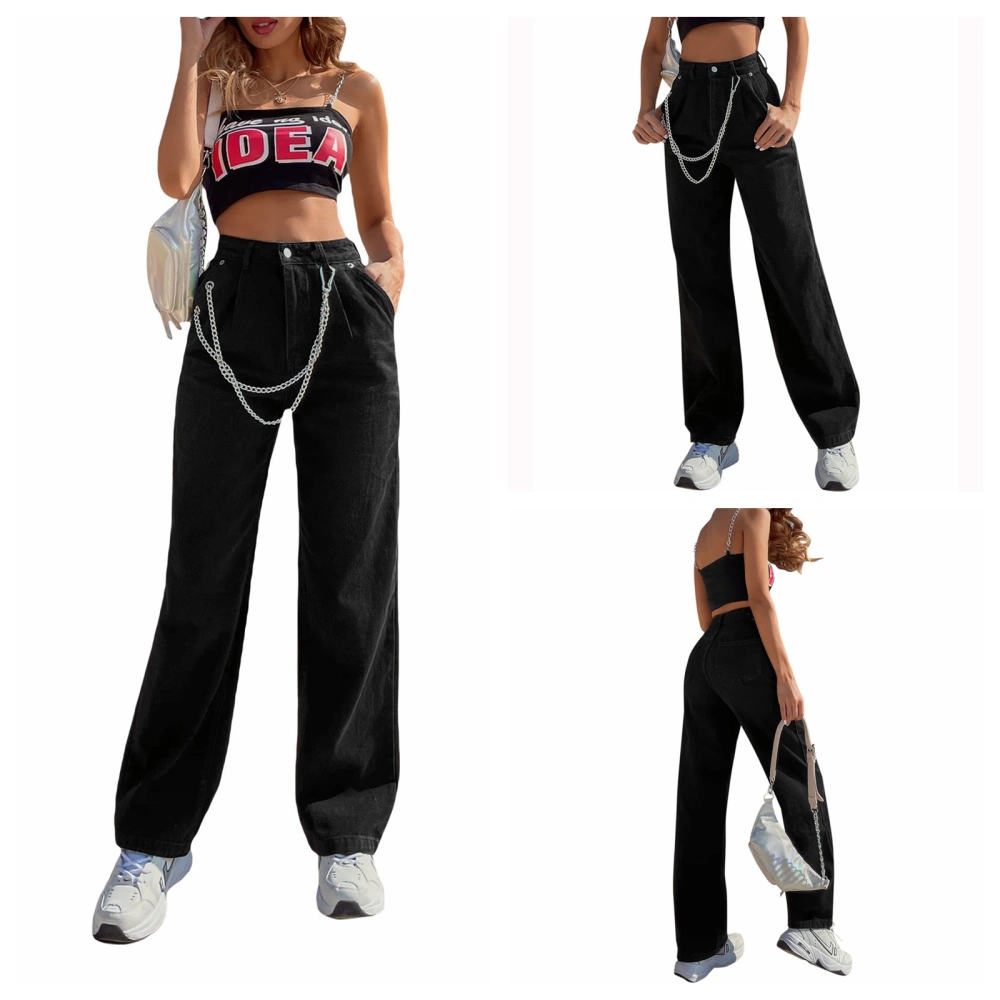 Women Solid Color High Waisted Straight-leg Jeans with Chain Pocket