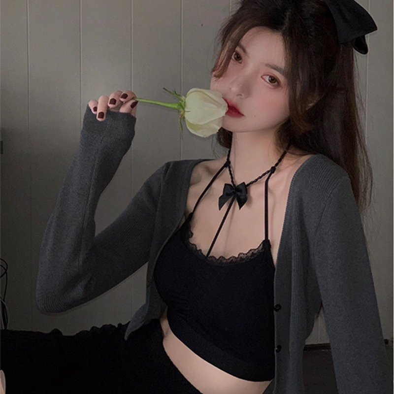 Women's Long Sleeve Button Down Solid Color Slim Fit Knit Crop Tops